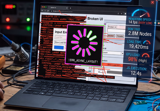 A chaotic laptop screen displays a broken web interface with a pixelated icon, messy code lines, and slow rendering speed indicators.