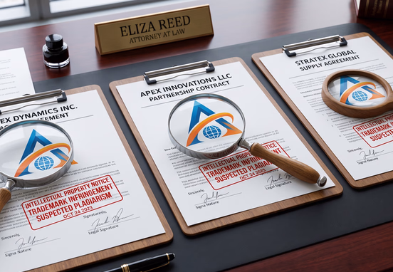 Three identical generic logo symbols sit side-by-side on corporate documents under a magnifying glass, indicating trademark plagiarism.