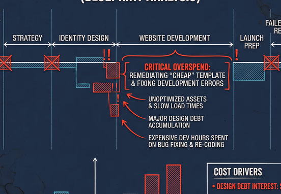 A digital agency timeline chart on a dark blueprint details high financial costs, heavy design debt, and unoptimized website assets.