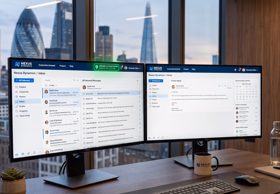 Professional corporate inbox on dual monitors with domain-authenticated badge and luxury office window in modern clean aesthetic.