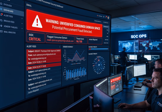 Automated corporate security dashboard flagging unverified consumer domain email with red warning in professional cybersecurity setting.