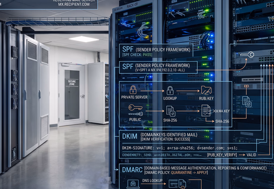 Secure data center server racks with SPF, DKIM, and DMARC cryptographic protocol handshakes overlay in technical blueprint style.