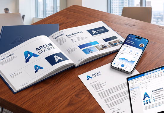 Premium corporate brand style guide with verified email signature and smartphone app on minimalist mahogany conference table.
