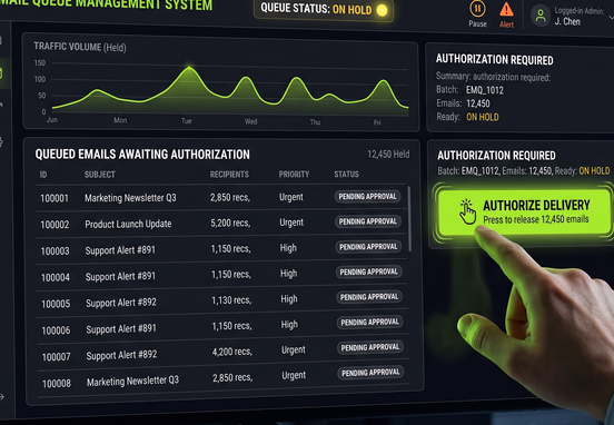 Sleek digital dashboard with email queue system on hold and glowing approval button for human authorization of message delivery