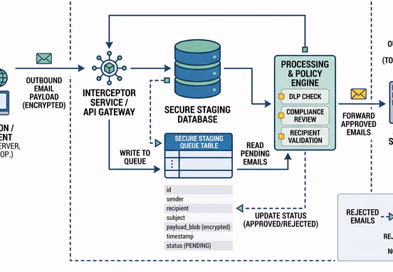 Data architecture schematic showing outbound email payload intercepted and placed into secure staging queue table before SMTP delivery