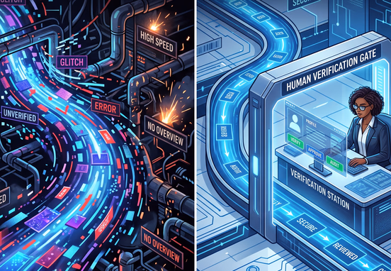 Split screen comparison of fast chaotic unmonitored automated pipeline versus structured pathway with elegant human verification gate
