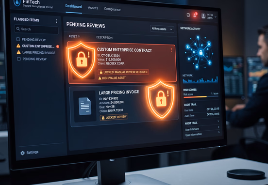 High-value digital assets including enterprise contracts and pricing invoices flagged with glowing warning shields for manual review