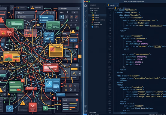 Split-screen comparison of chaotic tangled page builder blocks versus glowing organized clean code lines in minimalist high-tech corporate design.