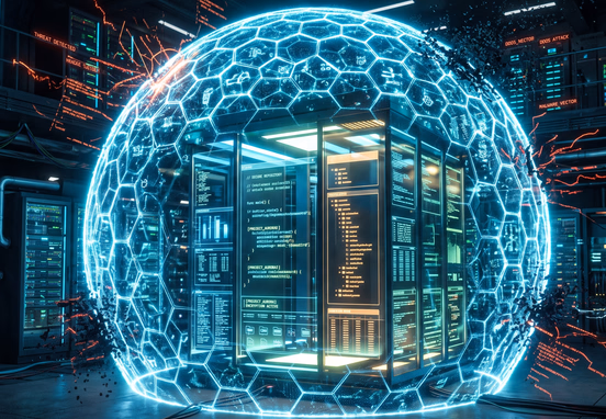 Glowing cybersecurity matrix shield protecting clean structured data repository and source code against digital threat vectors in server environment.