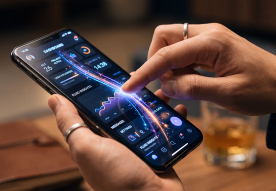 User hand interacting with premium hyper-responsive UI on mobile device showing glowing animation trails and smooth micro-interactions in sleek design.