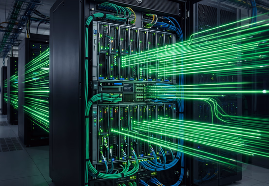 High-performance blade server rack with glowing green data streams at lightning speed symbolizing extreme processing efficiency and corporate stability.