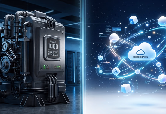 Modern split-screen 3D graphic contrasting rigid monolithic machine against fluid cloud-based API network enterprise technology aesthetic.