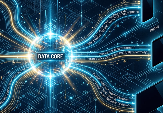 Central glowing data core streaming structural JSON content to multiple device silhouettes including phone, tablet and smart display.
