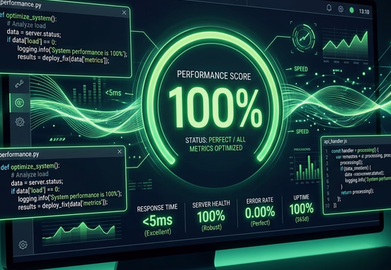 Sleek dashboard visualization highlighting perfect 100 performance score surrounded by clean code blocks and green speed wave accents.