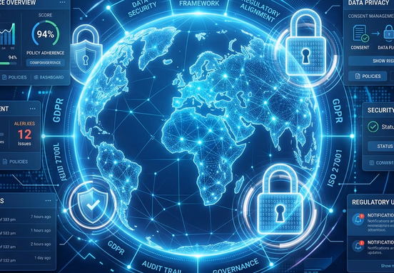 Abstract global map wrapped in translucent glowing compliance locks and consistent design system UI cards corporate professional blue.