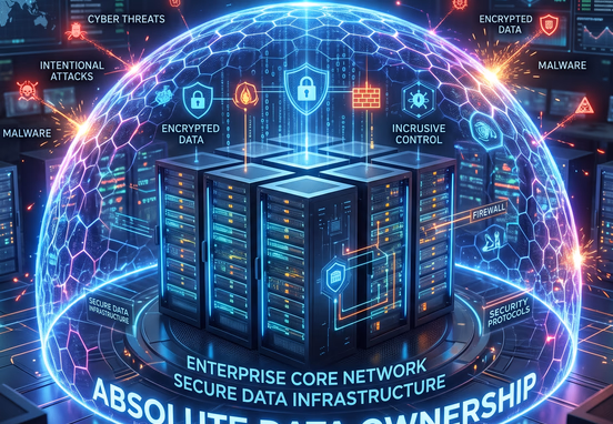 Secure server network surrounded by a protective digital shield representing absolute data ownership and enterprise sovereignty