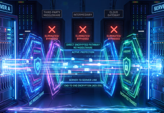 Direct server-to-server data transmission pathway protected by glowing encryption barriers eliminating third-party middleware