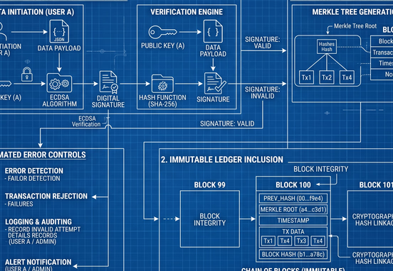 Technical blueprint detailing cryptographic signature verification immutable ledgers and automated error controls