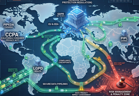 Global digital compliance network map aligning secure data pipelines with international privacy law nodes like GDPR and CCPA