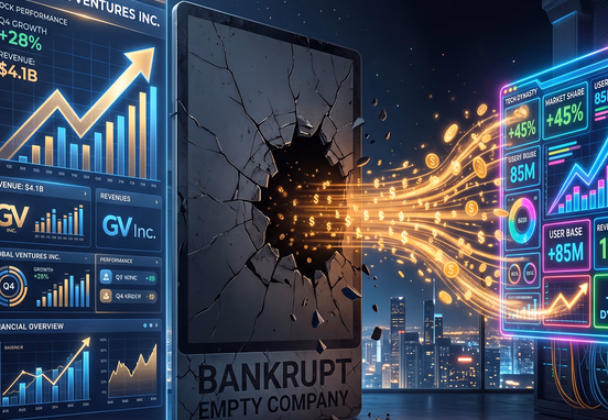 Sleek corporate interface standing next to crumbling gray screen with glowing cash streams flowing to competitor's vibrant neon dashboard.