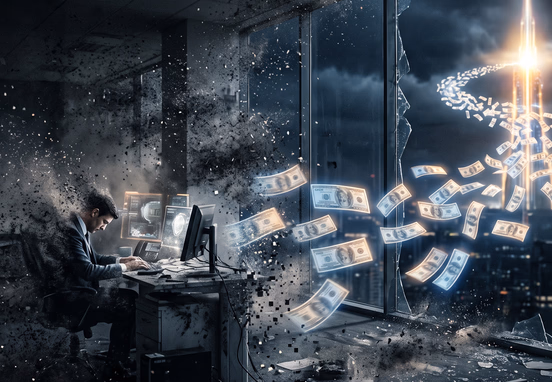 Dark office fading into dust with translucent currency bills floating toward bright glowing tower in distance with dramatic high-tech lighting.