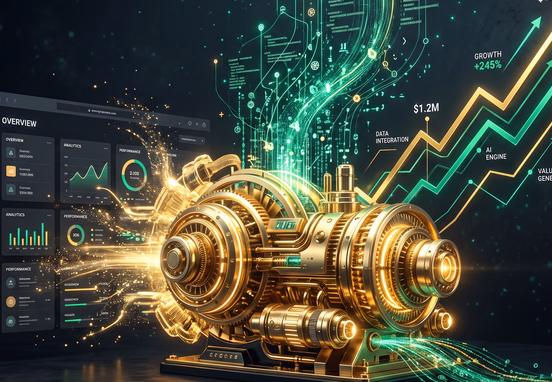 Minimal web layout transforming into golden 3D engine with emerald data streams and upward-trending profit lines on dark obsidian backdrop.