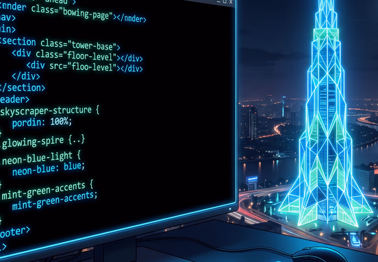Developer terminal with semantic HTML CSS code blocks building massive light skyscraper in clean geometric design with neon blue mint tones.