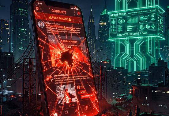 Giant smartphone with cracked social media feed casting red warning glow beside sleek corporate website with neon green lines.