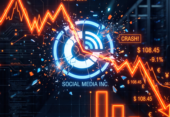 Volatile digital graph crashing through social media icon with scattered glowing data points and downward-trending neon orange bars.
