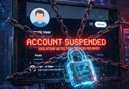Glowing holographic padlock wrapping chains around social media user profile with Account Suspended notification in ominous lighting.