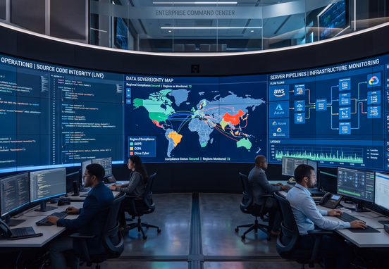 Enterprise digital command center with multi-screen displays showing custom web code, data sovereignty maps and flawless server pipelines.