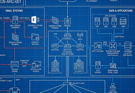 Complex blueprint mapping out an enterprise communication network with email triggers and data paths in modern tech style