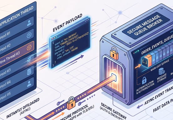 Event payload instantly offloading from a web application thread into a secure message queue broker in clean technical illustration