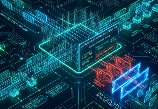 Digital matrix registry checking request tokens to intercept and block duplicate email delivery packets in sleek security theme