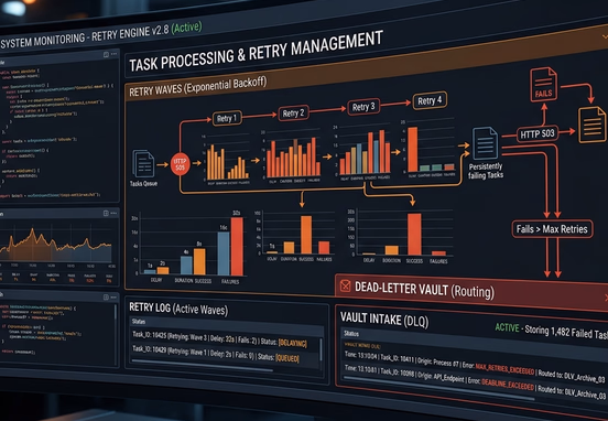 Technical console executing exponential backoff retry waves and routing failed tasks to a dead-letter vault