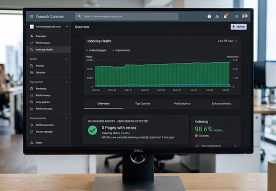 Google Search Console dashboard with clean green indexing health charts and zero error notifications in sleek corporate technology interface.