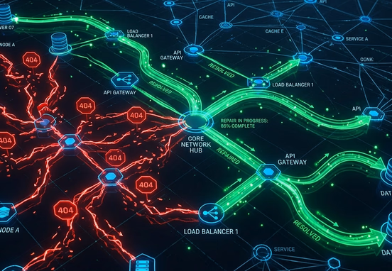 Digital web architecture map showing broken red link lines repaired into glowing green directional data paths in high-tech design.