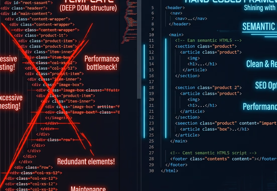 Code editor comparing bloated DOM template structure with lean semantic hand-coded framework with neon blue highlights typography.