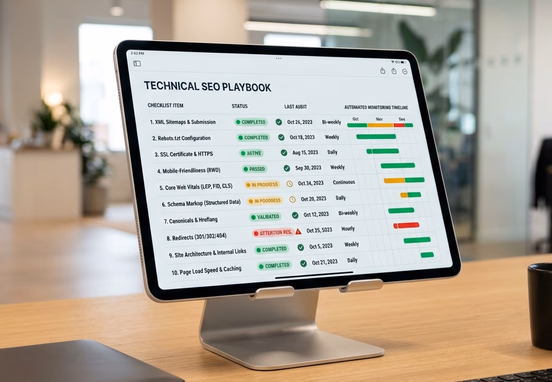 Executive workspace tablet displaying technical SEO playbook checklist with automated monitoring timelines and bright status tracking.