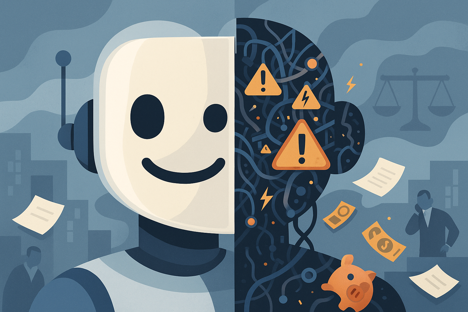 A modern illustration showing a smiling AI robot with its mask partially removed, exposing tangled wires, warning signs, and malfunctioning circuits beneath a polished surface.