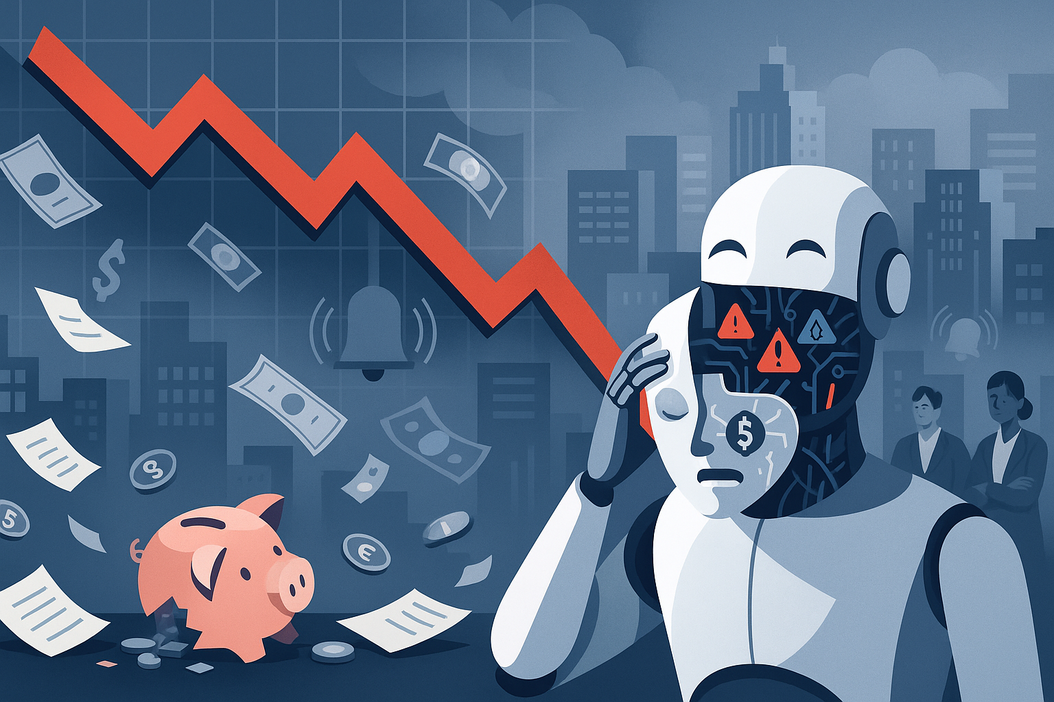 A sharp red stock chart crashes downward over a cityscape, with scattered papers, money, a broken piggy bank, and worried businesspeople symbolizing financial chaos and loss.