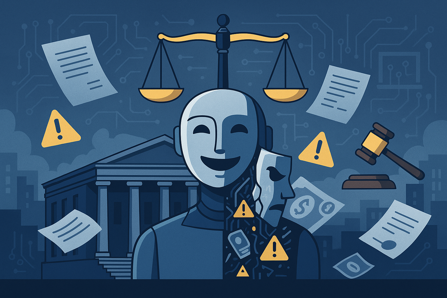 A modern courthouse with oversized scales of justice, swirling legal documents, gavels, warning signs, and faint AI circuit patterns, representing the intersection of law and technology.