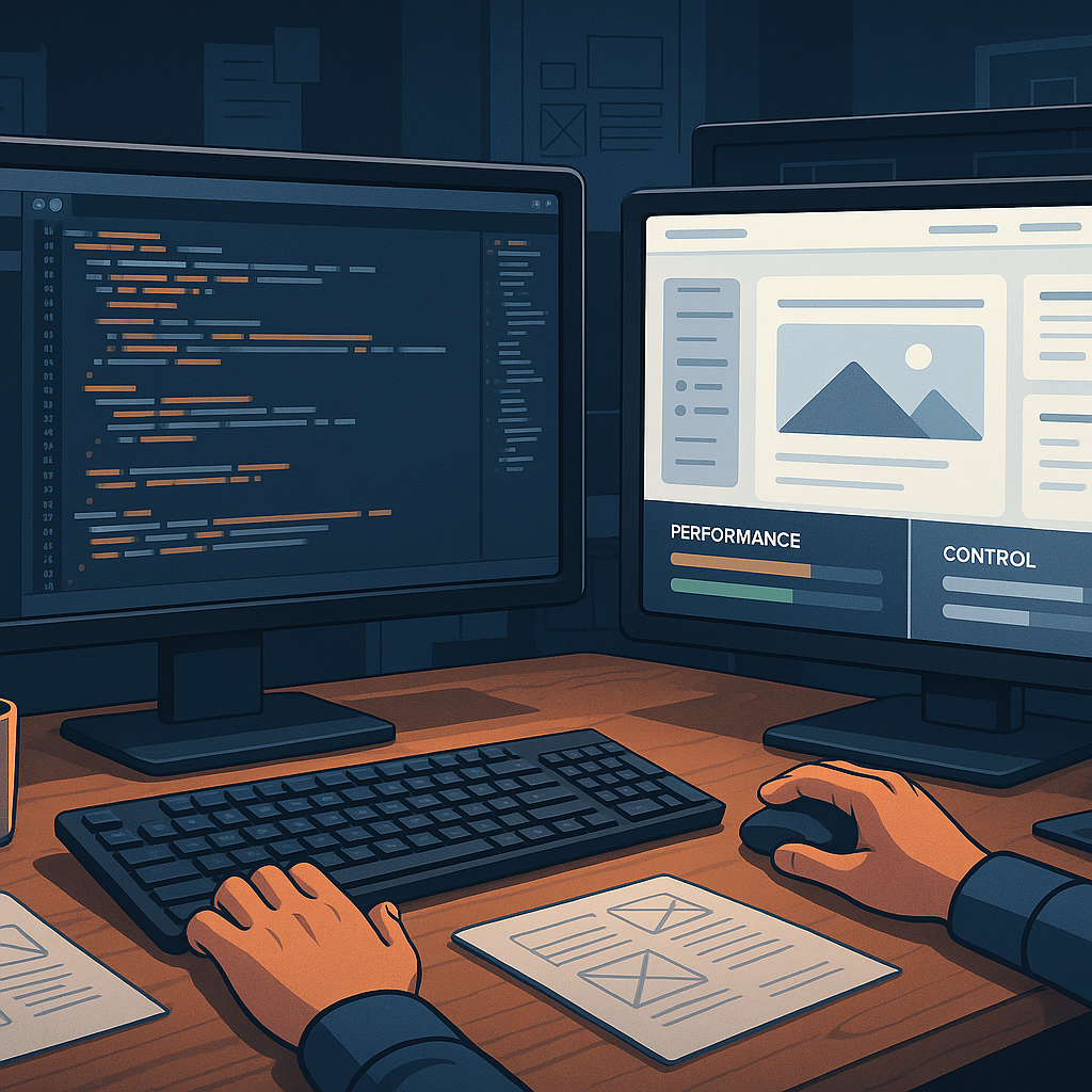 Workspace with multiple monitors showing code editors and a website builder, representing different development workflows.