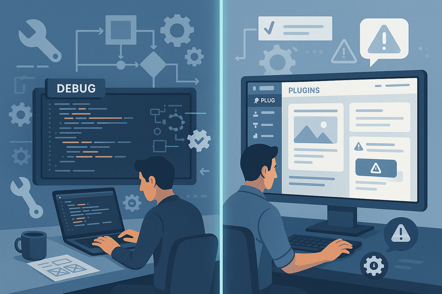Split scene of a developer debugging code and a user updating plugins on a page builder dashboard, illustrating website maintenance.
