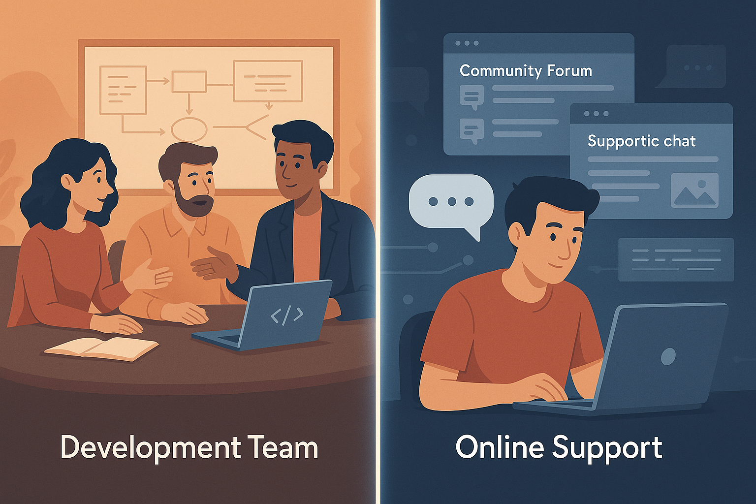 Side-by-side depiction of a developer team meeting and a user engaging with online support chat and community forums.