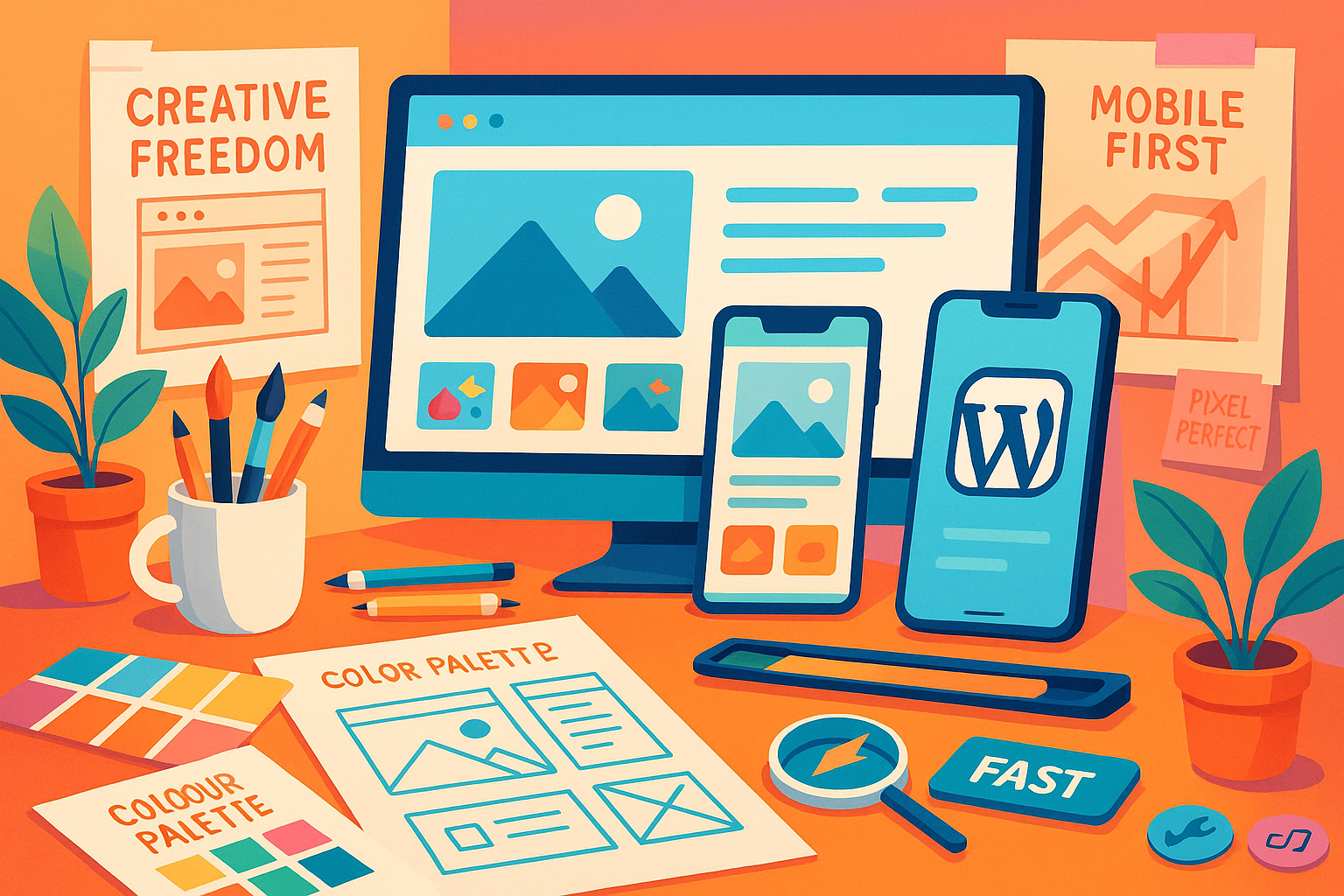 Creative web design studio with wireframes, color palettes, and pixel-perfect UI mockups demonstrating design flexibility and mobile-first strategy.