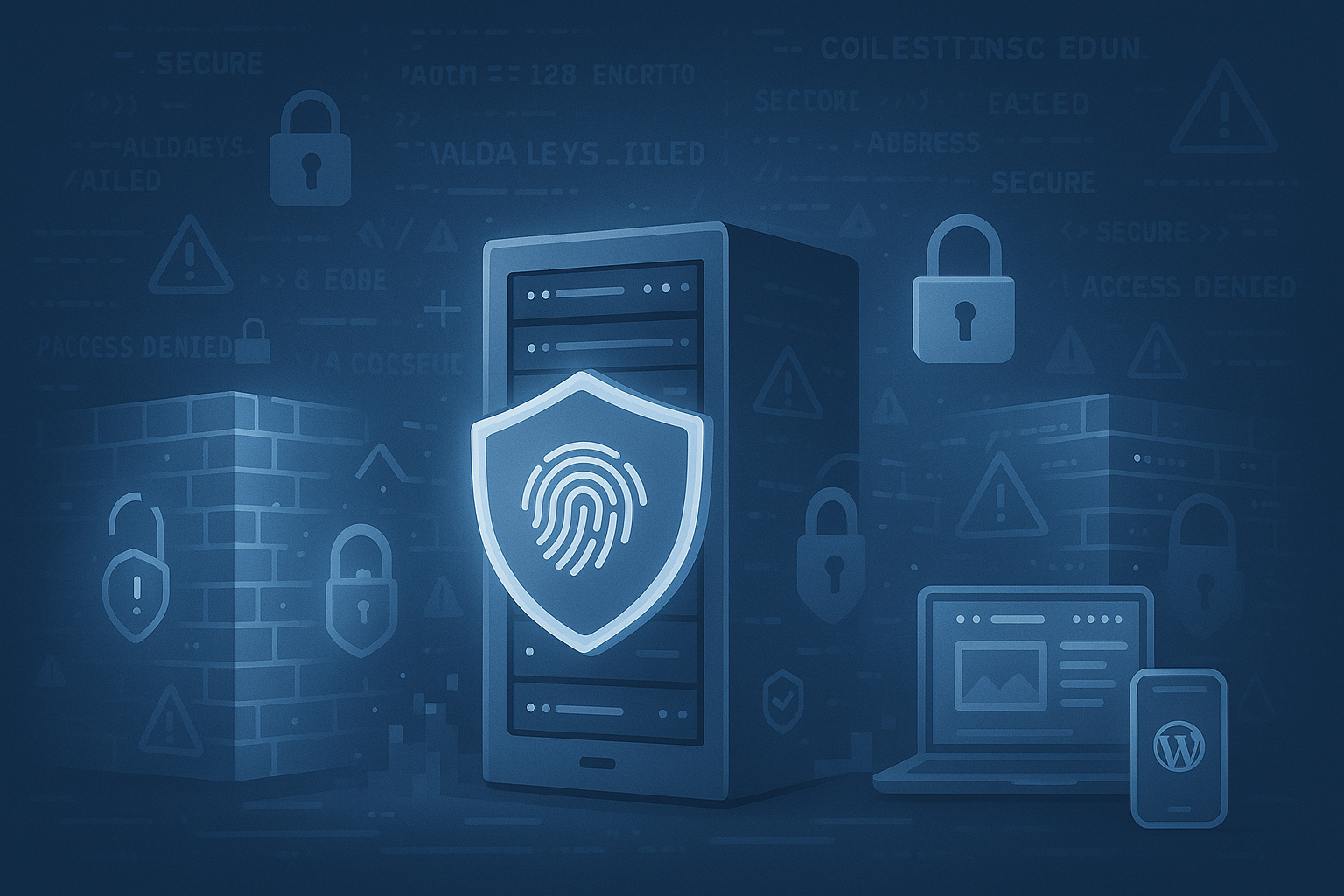 Web server protected by digital firewalls and biometric security measures, symbolizing strong website security and defense against cyber threats.