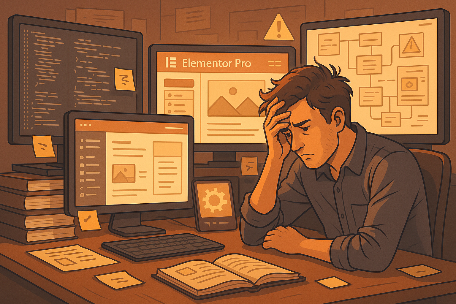 Web designer facing complex Elementor Pro interface, showing learning curve