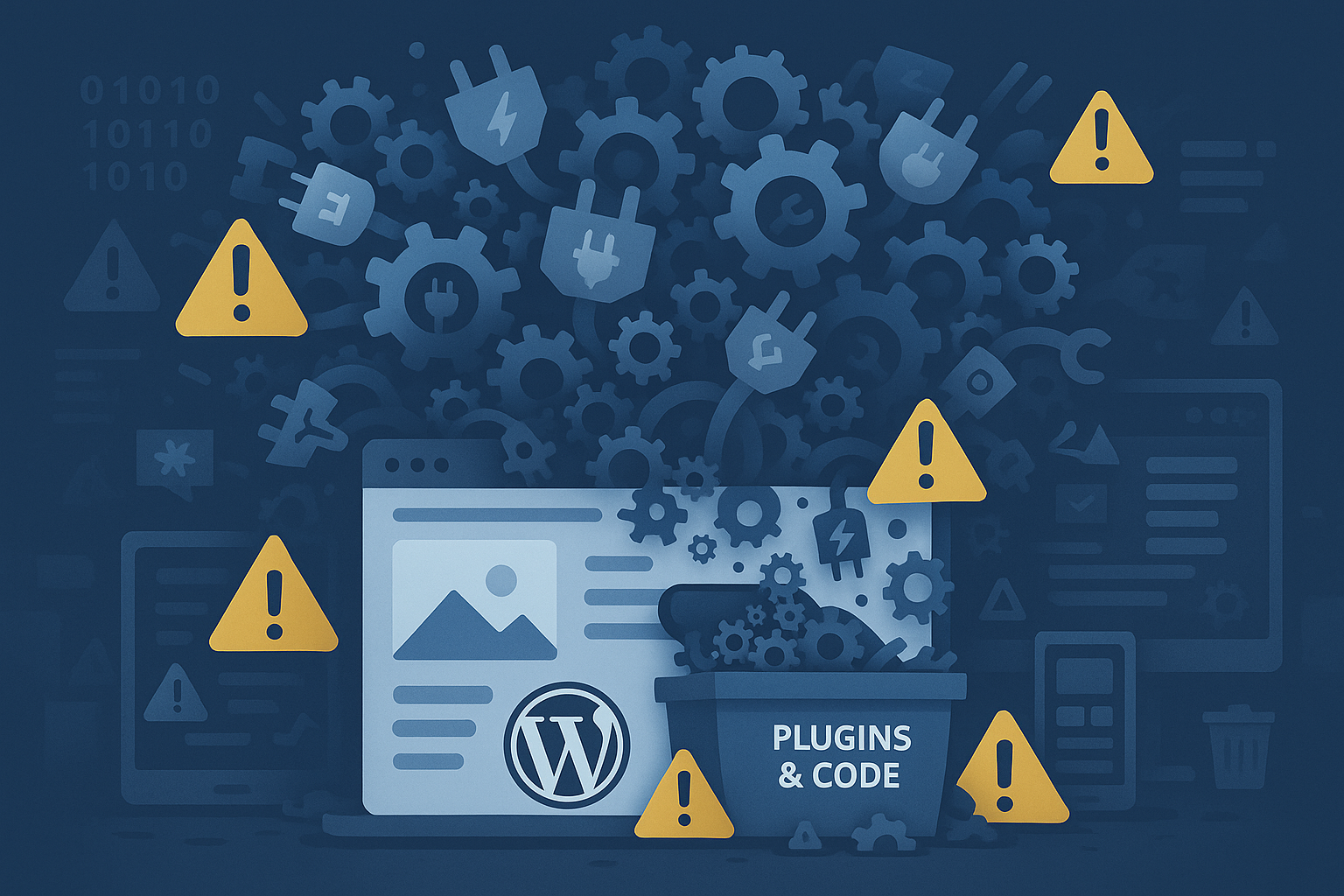 Overloaded WordPress site with plugin icons representing stack bloat and maintenance issues