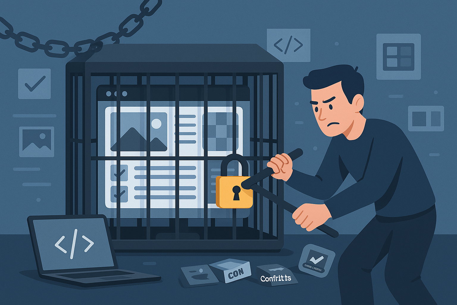 Website content trapped in a locked cage, symbolizing Elementor vendor lock-in